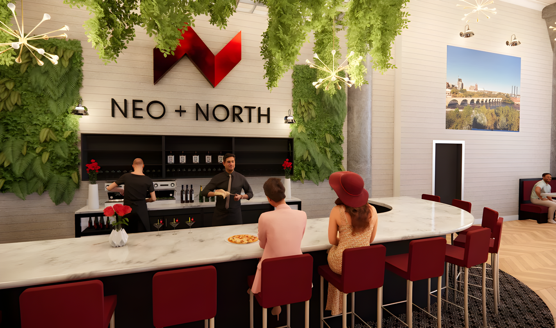 depicts interior architecture rendering of proposed restaurant design, Neo + North, for Mortarr in the classroom design competition.
