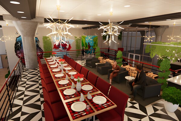 Image depicts interior architecture rendering of proposed restaurant design, Neo + North.